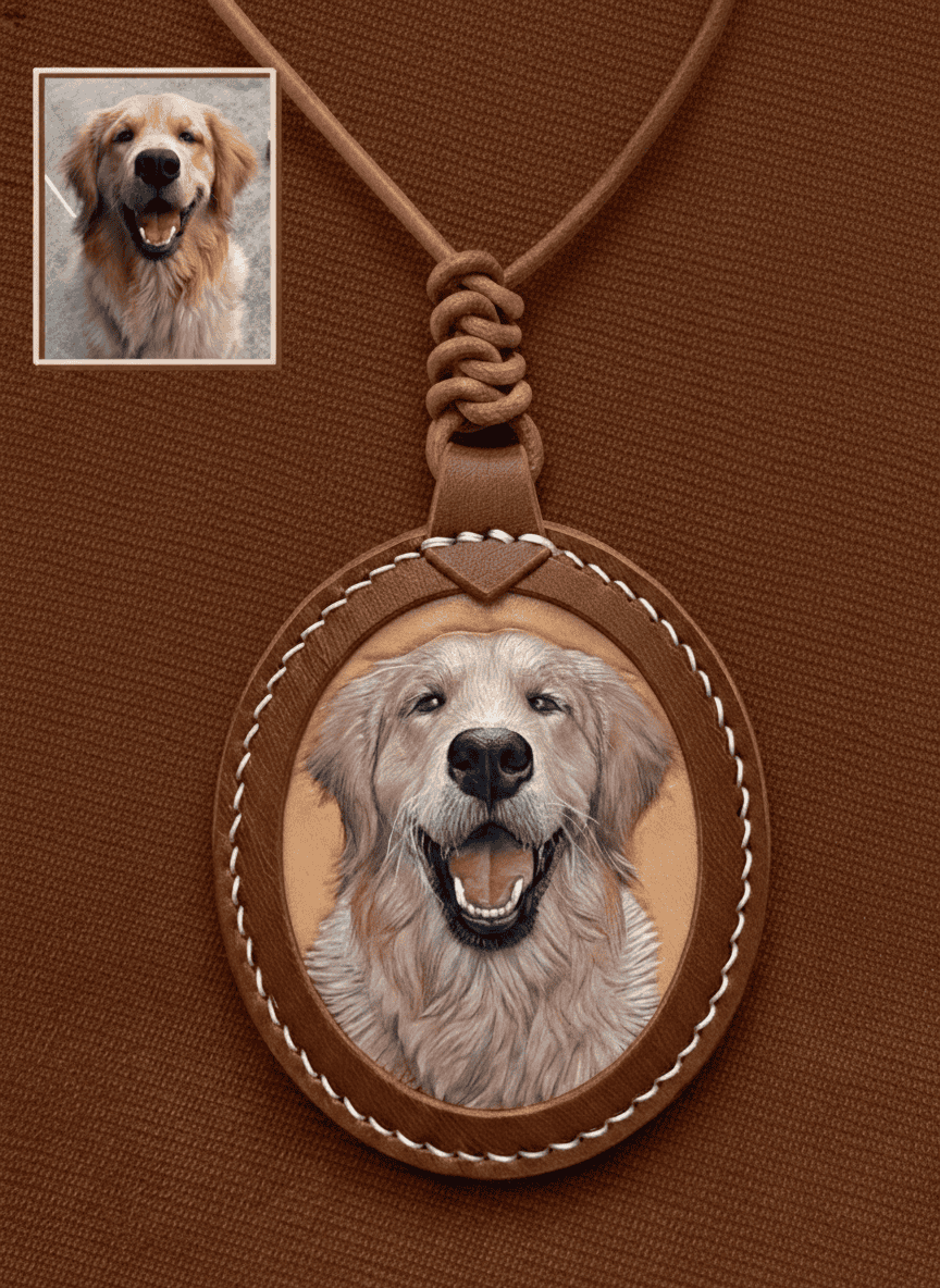 Relief Sculpture 3D Dog Portrait on Leather Keychain