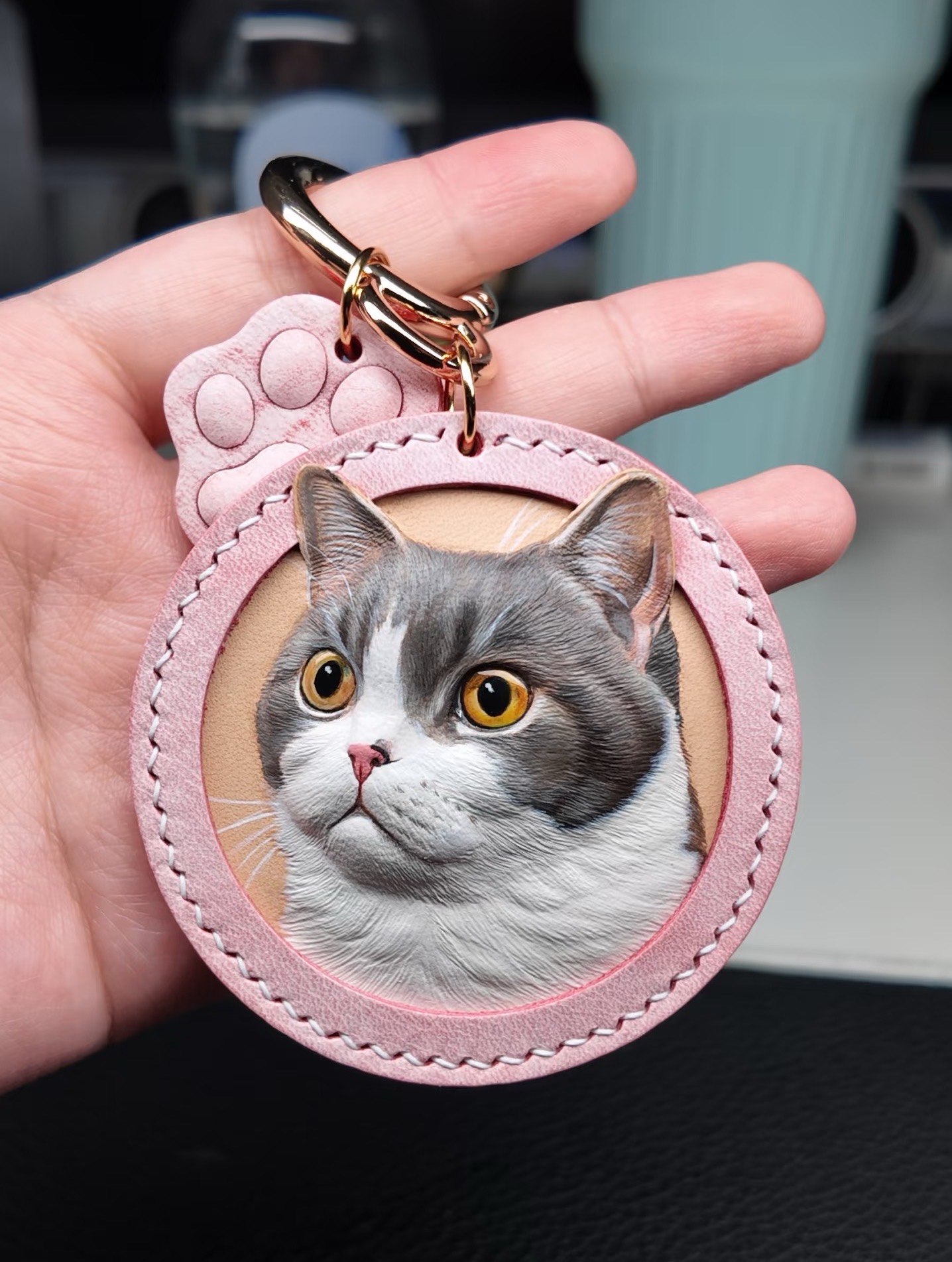 Detailed leather carving of pet portrait